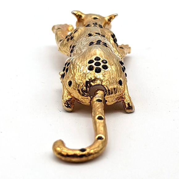 70s Spotted Leopard Brooch w Black Rhinestone Flowers Green Eyes Dangling Tail - Picture 9 of 13